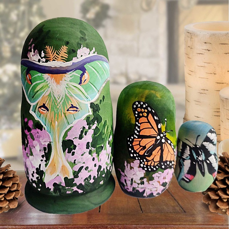 Butterfly Matreshka Nesting Hand-Painted Doll Set of 3 by G. DeBrekht – Wildlife Holiday Decor – 14772