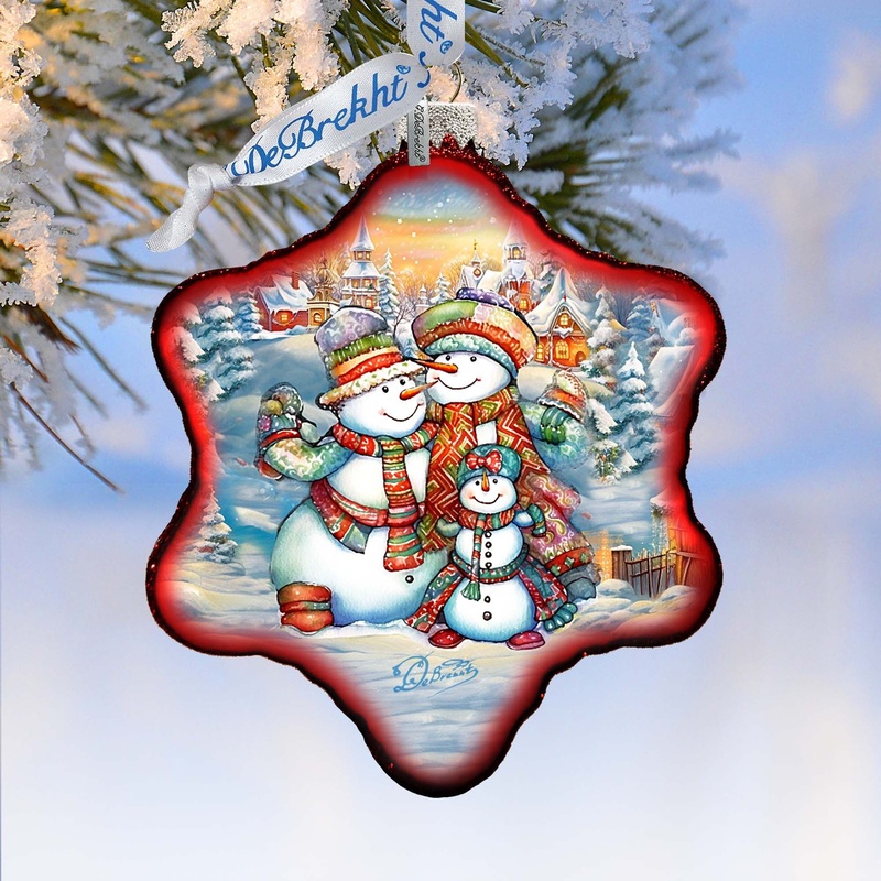 Cheerful Snowmen Snowflake Glass Ornament by G. Debrekht – Christmas Santa Snowman Decor – 754-046