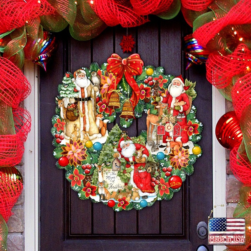 Classic Christmas Santa Holiday Door Wreath by  – Christmas Santa Snowman Decor by Susan Winget – 8185307-7H-SW