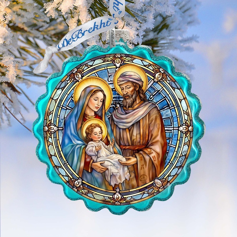 Classical Holy Family Wreath Glass Ornament by G. Debrekht – Nativity Holiday Decor – 759-057