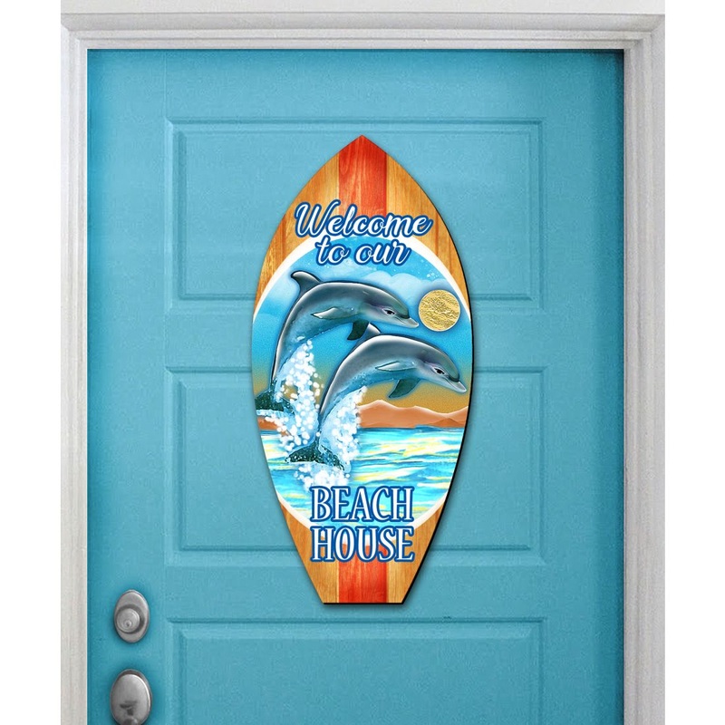 Dolphins Surfboard Coastal Door Decor by G. DeBrekht – Coastal Holiday Decor – 8114070H