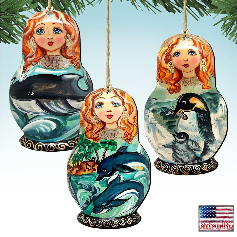 Dolphins, Whale, Penguins Dolls Wooden Ornaments Set of 3 by G. DeBrekht – Coastal Holiday Decor – 8100190S3