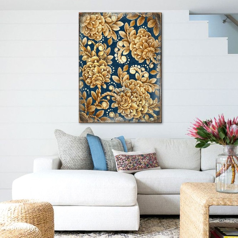 Gold Floral Art on Navy Blue Rustic Wooden Wall Art by G. DeBrekht – Floral Ornamental Decor – 95014B