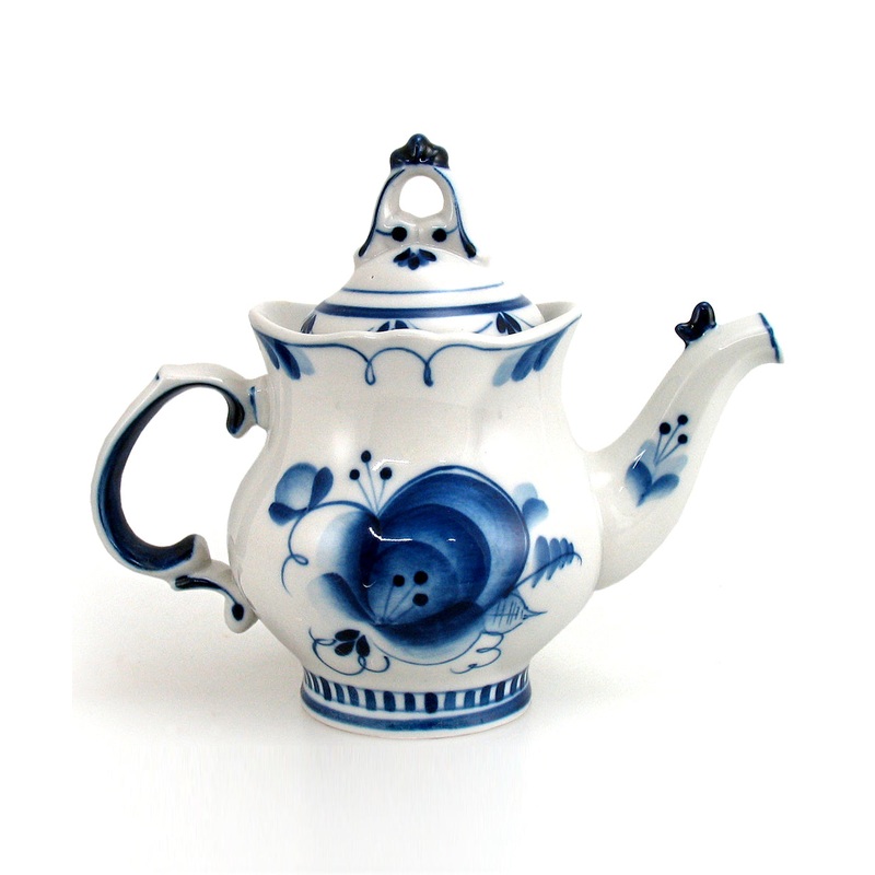 Gzhel Authentic Hand-Painted Fine Porcelain Blue and White Decorative Teapot by