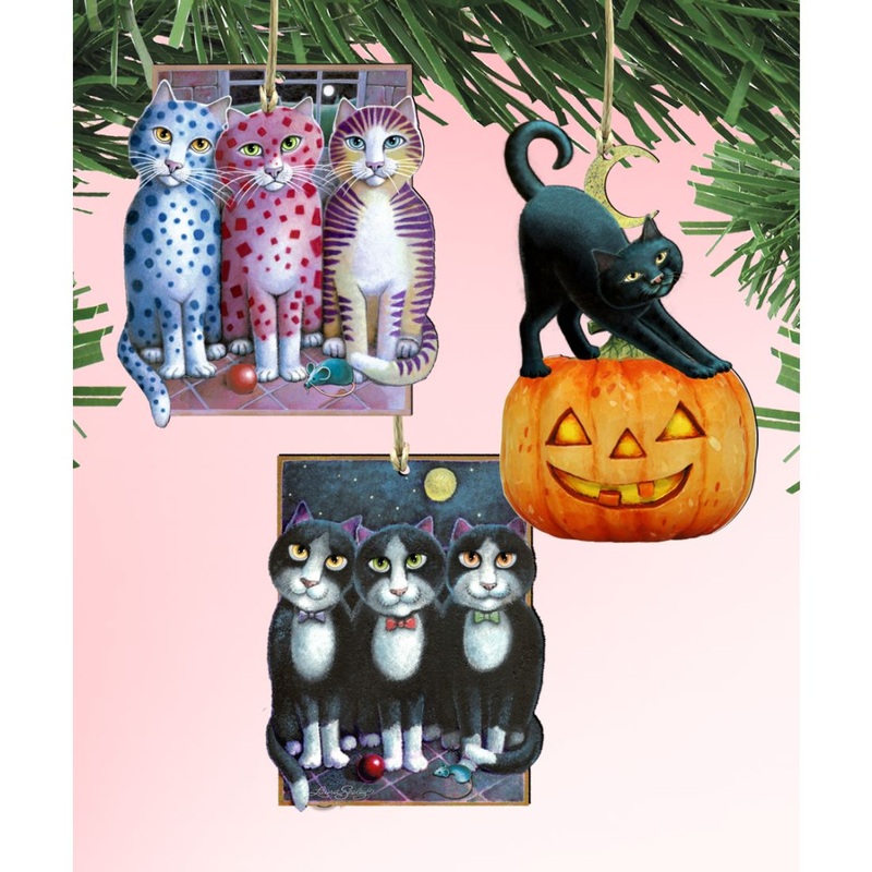 Halloween Patty Cats Wooden Ornaments Set of 3 by Laura Seeley – Thanksgiving Halloween Decor – 8100094S3-LS