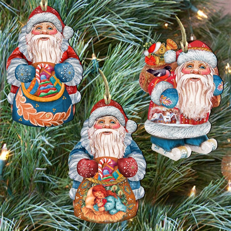 Holiday Gifts Santa Wooden Ornaments Set of 3 by G. DeBrekht – Christmas Santa Snowman Decor – 8100007S3