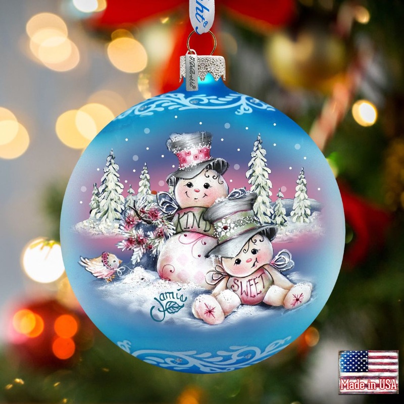 Kind Sweet Snowman Family Glass Ornament by Jamie Mills-Price – Christmas Santa Snowman Decor – 71201-0113