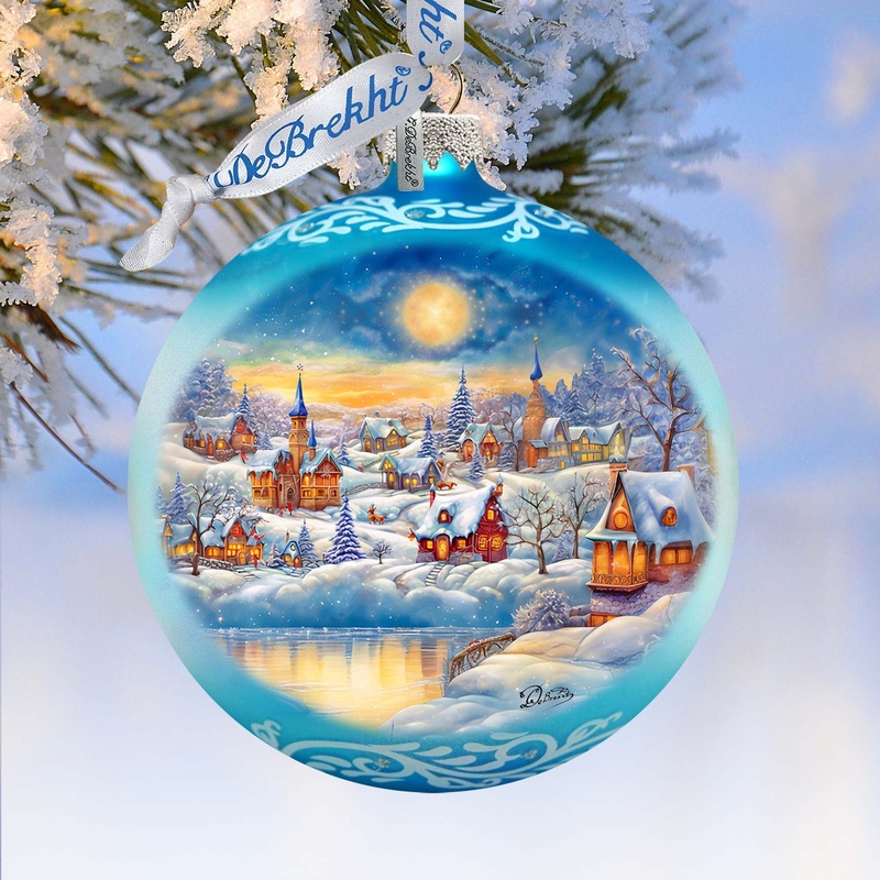 Magic Winter Village Ball Glass Ornament by G. Debrekht – Christmas Santa Snowman Decor – 73377