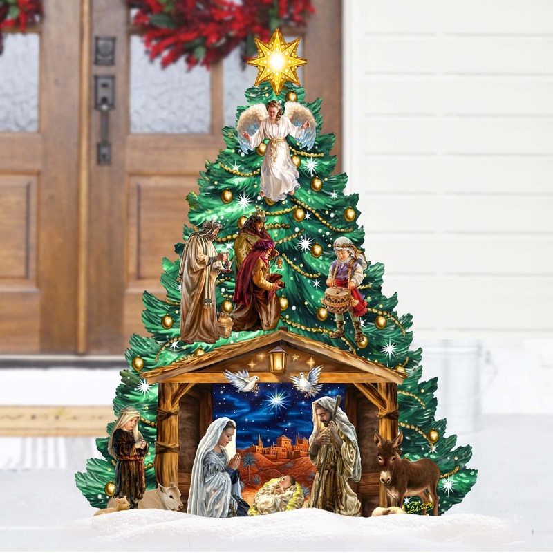 Nativity-Themed Christmas Tree Outdoor Indoor Decor Wooden Christmas Decoration by D. Gelsinger Christmas Decor – 8191503F-DG