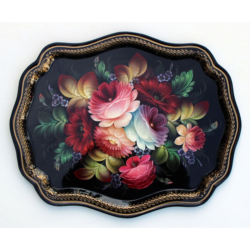 One-of-a-Kind Authentic Zhostovo Hand-Painted Metal Tray by Olga Koshkina 18×145 Functional Kitchenware for Table and Unique Wall Decor