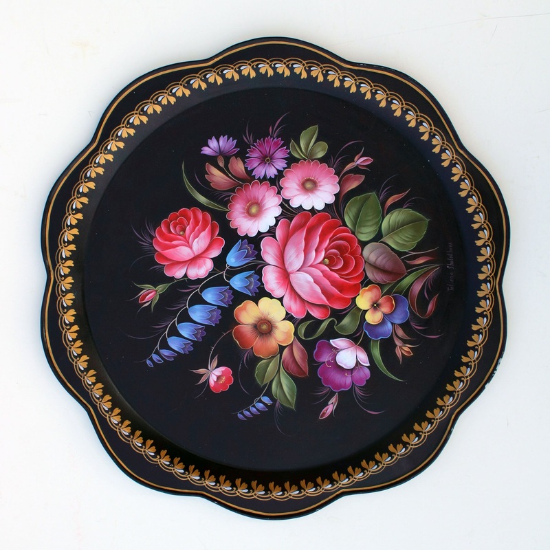 One-of-a-Kind Authentic Zhostovo Metal Tray Hand-Painted by Tatiana Sholokhova – Functional Kitchenware and Unique Wall Decor