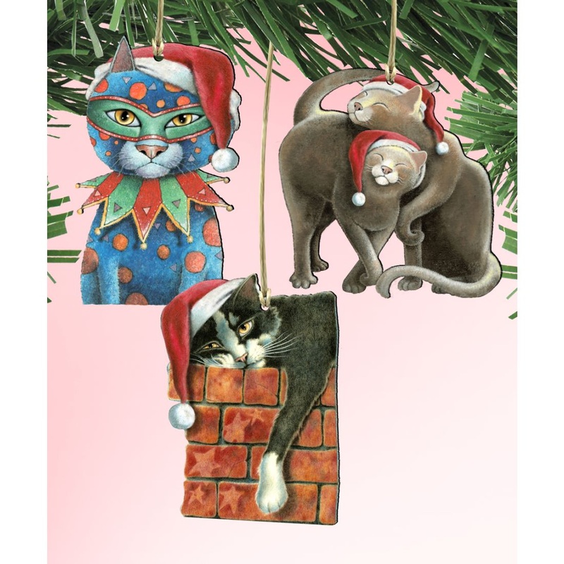 Party Cats Wooden Ornaments Set of 3 by Laura Seeley – Pets Dog and Cats Decor – 8100097S3-LS