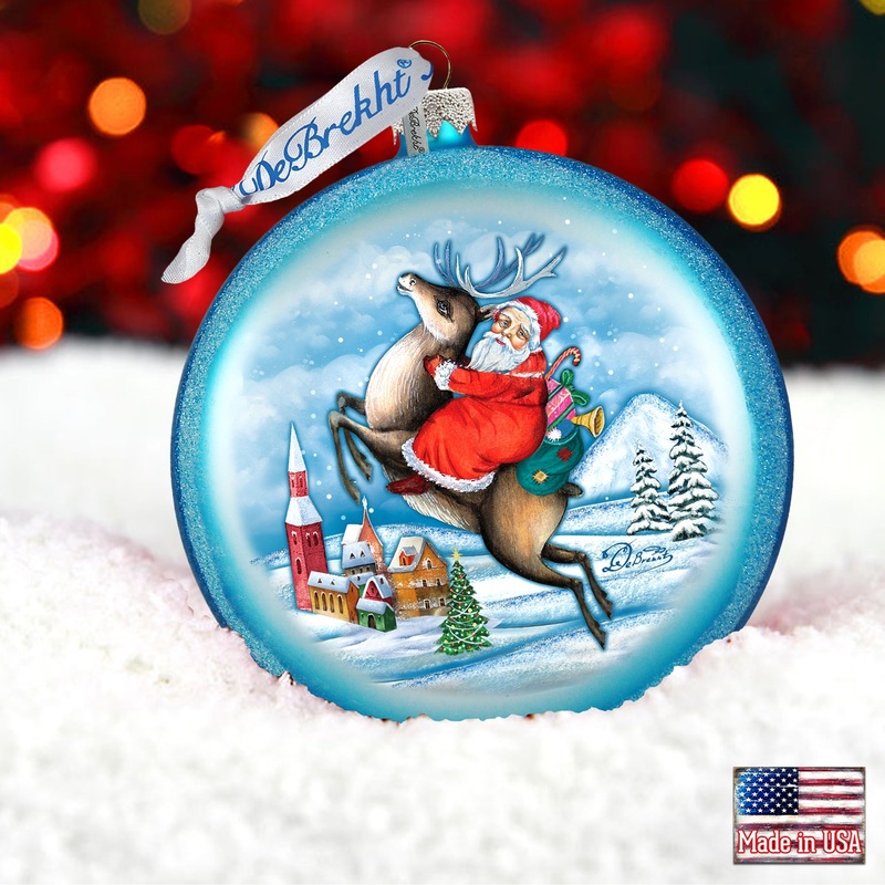 Reindeer Santa Glass Ornament by G. DeBrekht – Christmas Santa Snowman Decor – 744-014B