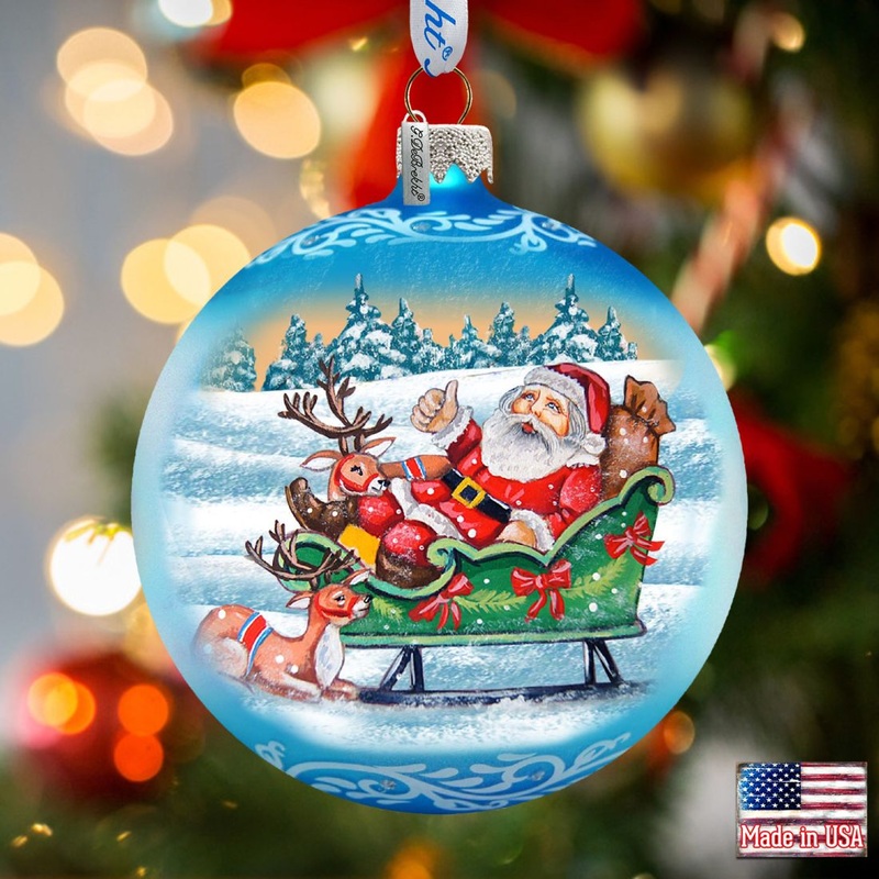 Reindeers Ride Santa Glass Ornament by G. DeBrekht – Christmas Santa Snowman Decor – 73363