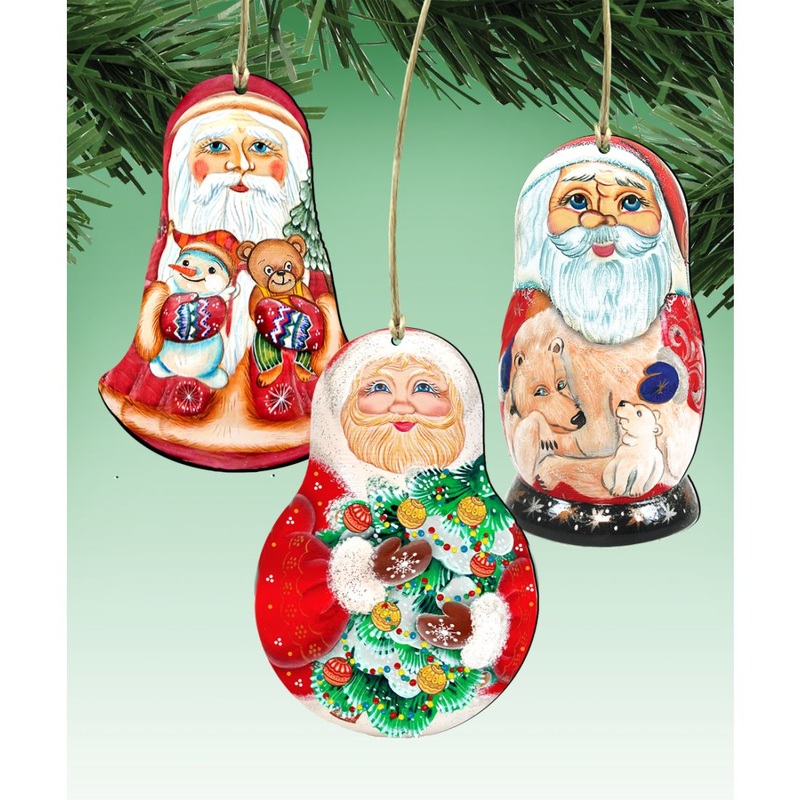 Santa Doll Wooden Ornaments Set of 3 by G. DeBrekht – Christmas Santa Snowman Decor – 8100110S3