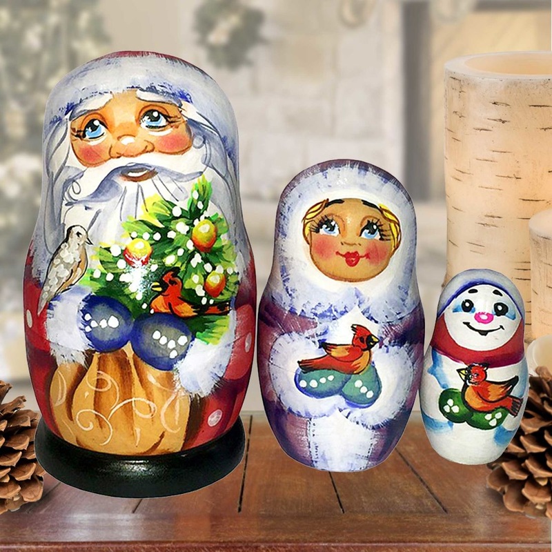Santa Family with Birds Matreshka Nesting Hand-Painted Dolls Set of 3 by G. DeBrekht – Christmas Santa Snowman Decor – 110163