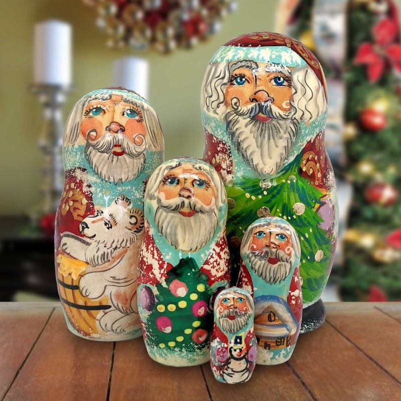 Santa Matreshka Nesting Hand-Painted Doll Set of 5 by G. DeBrekht – Christmas Santa Snowman Decor – 110150-5