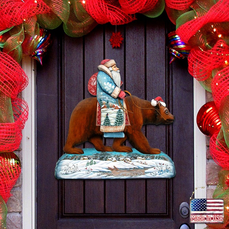 Santa On Grizzly Bear Christmas Door Decor by G. DeBrekht – Christmas Santa Snowman Decor – 8151128H