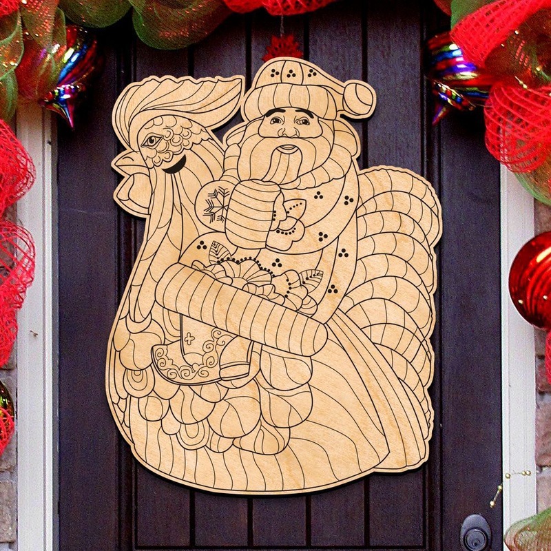 Santa on Rooster DIY Coloring Decorative Holiday Door Hanger 8351134H by G. DeBrekht