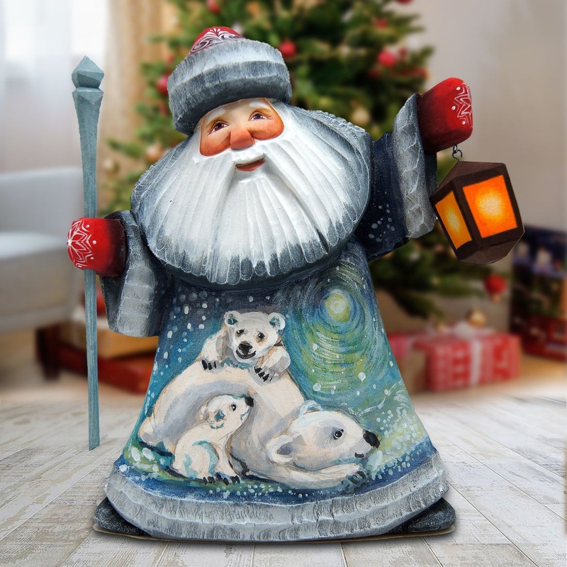Santa Polar Bear Family Santa Hand-Painted WOODCARVED Figurine by G. DeBrekht – Wildlife Holiday Decor – 8215673