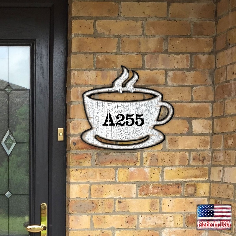 Tea Cup Wooden Custom House Number Sign by G. DeBrekht – Love Family Kids Decor – Handcrafted Wooden Handcrafted Wooden Handcrafted Wooden Address Sign – MA98438