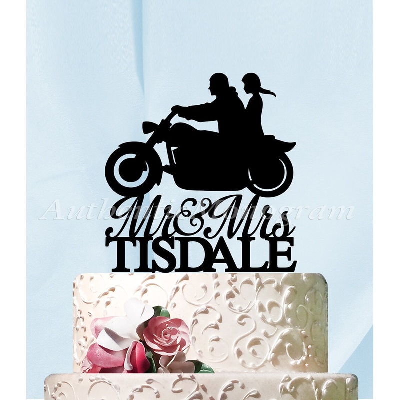 Wedding Cake Topper – Mr. & Mrs. Wedding Cake Topper, a Husband and Wife Harley Silhouette, Wedding decor, Custom Last Name