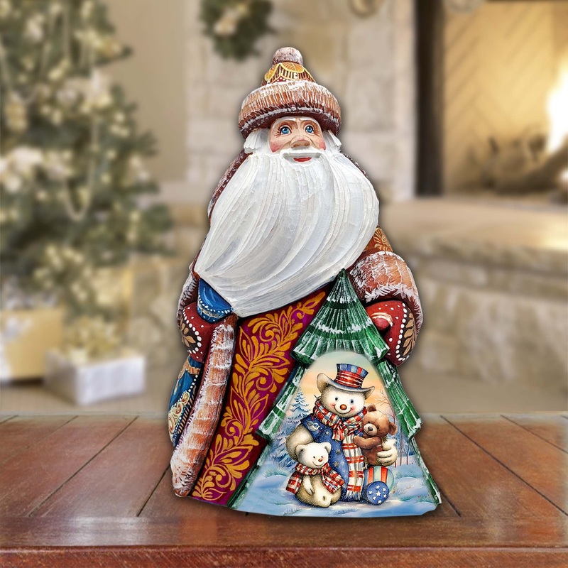 American-style Snowman Santa Hand-Painted WOODCARVED Figurine by G. DeBrekht – Christmas Santa Snowman Dcor – 8208013