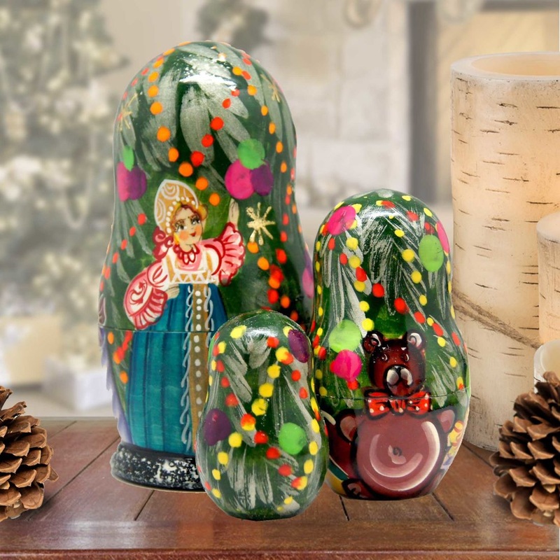 Christmas Tree and Snowmaiden Matreshka Nesting Hand-Painted Dolls Set of 3 by G. DeBrekht – Christmas Decor – 110151L