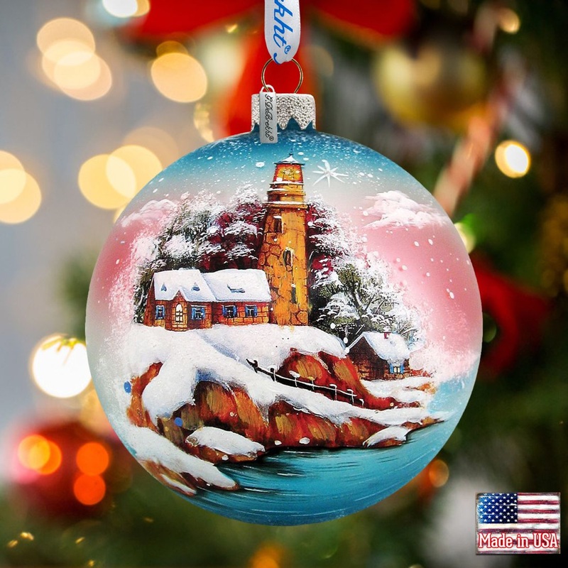 Harbor Light Ball Glass Ornament by G. DeBrekht – Coastal Holiday Decor – 73131