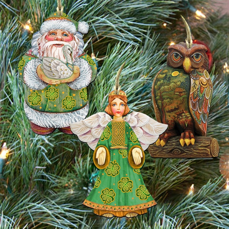 Irish Best Wishes Wooden Ornaments Set of 3 by G. DeBrekht – Christmas Santa Snowman Dcor – 8100015S3