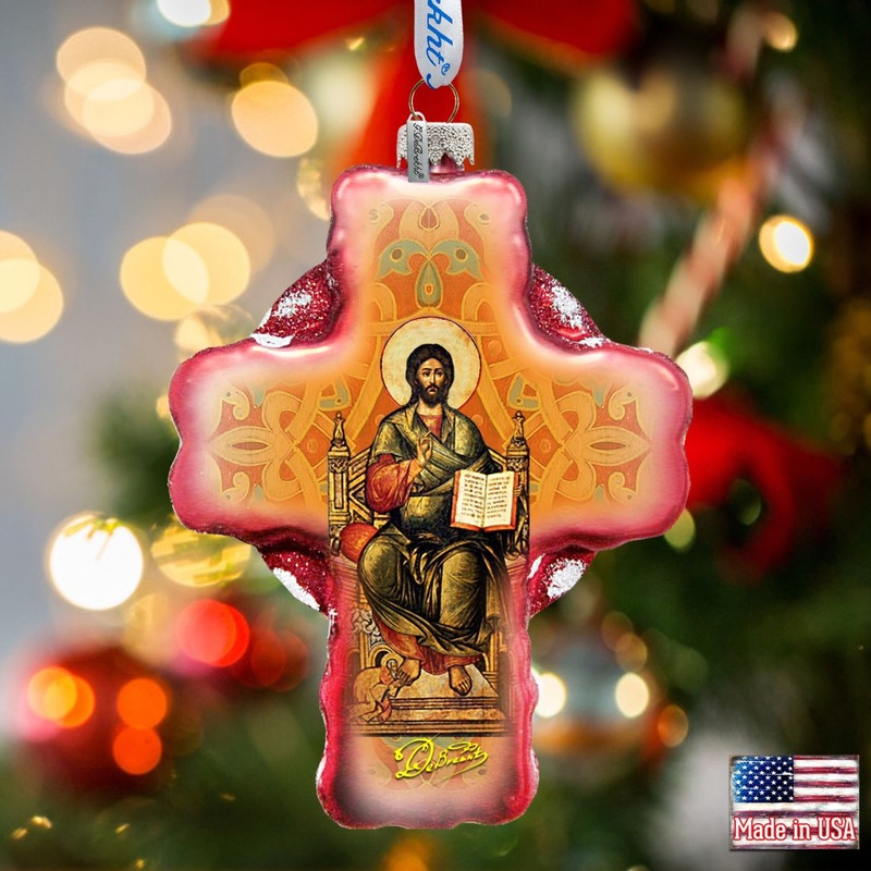 Jesus Cross Glass Ornament by G. DeBrekht – Nativity Holiday Decor – 758-005