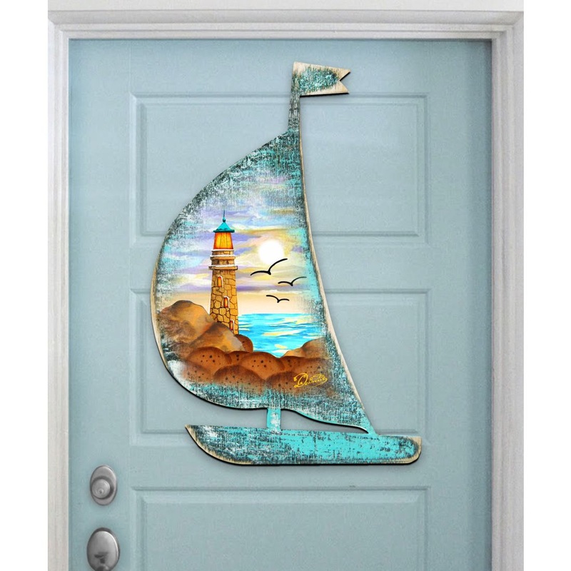 Lighthouse Boat Decorative Door Decor by G. DeBrekht – Coastal Holiday Decor – 8198524H