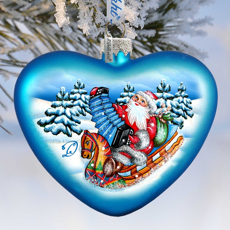 Love Heart Accordion Santa Glass Ornament by G. DeBrekht – Christmas Santa Snowman Decor – 752-023