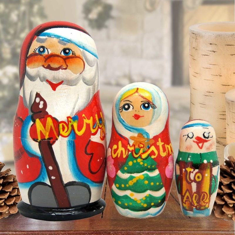 Merry Christmas Santa Family Matreshka Nesting Hand-Painted Dolls Set of 3 by G. DeBrekht – Christmas Santa Snowman Decor – 110161