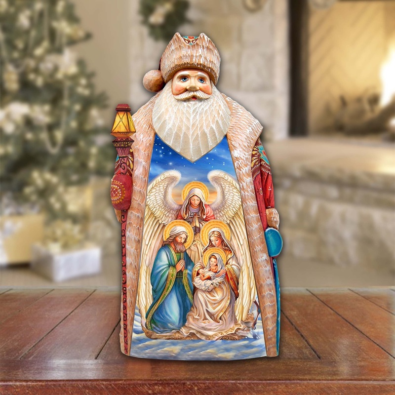 Nativity with Angel Santa Hand-Painted WOODCARVED Masterpiece by G. DeBrekht – Nativity Holiday Decor – 210232SE