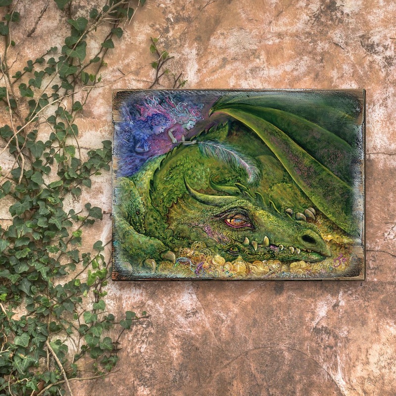 Never Tickle a Sleeping Dragon Fantasy Wooden Wall Art by Josephine Wall – Fantasy Decor – 852135-JW