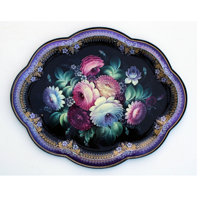 One-of-a-Kind Authentic Zhostovo Hand-Painted Metal Tray by Olga Koshkina 22×18 – Functional Kitchenware for Table and Unique Wall Decor
