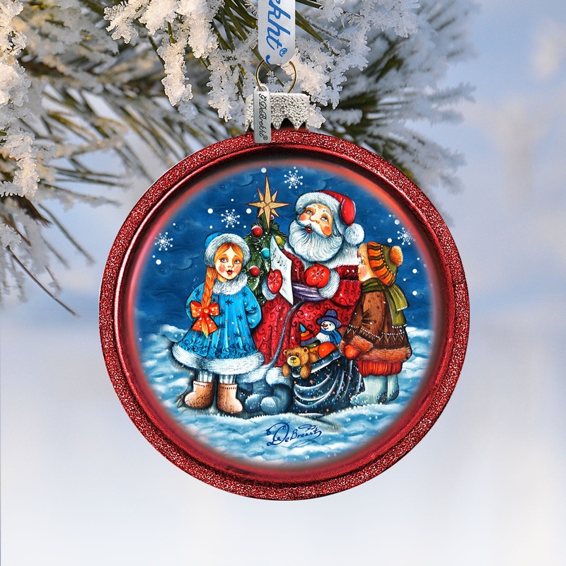 One-of-a-Kind Village Celebration Ball Glass Ornament by G. DeBrekht – Christmas Santa Snowman Decor – 73569C