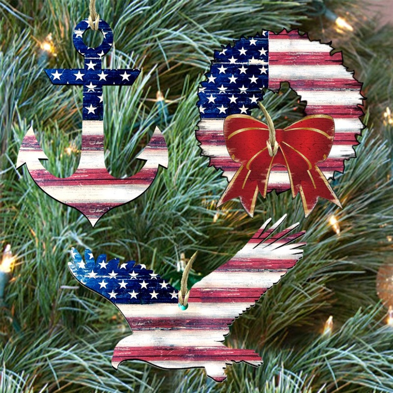 Patriotic Holiday Wreath Wooden Ornaments Set of 3 – American Christmas Decor – 8100039S3