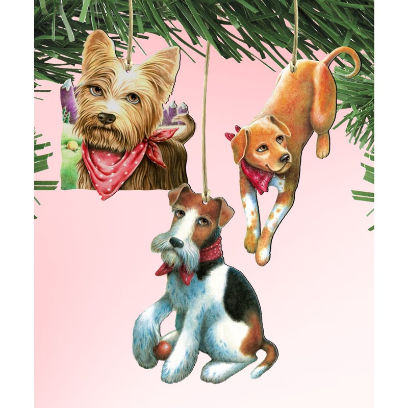 Playful Dogs Wooden Ornaments Set of 3 by Laura Seeley – Pets Dog and Cats Decor – 8100091S3-LS