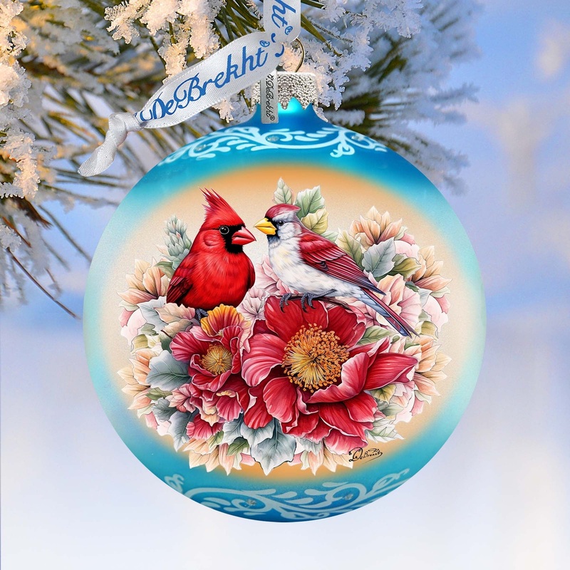 Romantic Cardinals Ball Glass Ornament by G. Debrekht – Christmas Decor – 73378