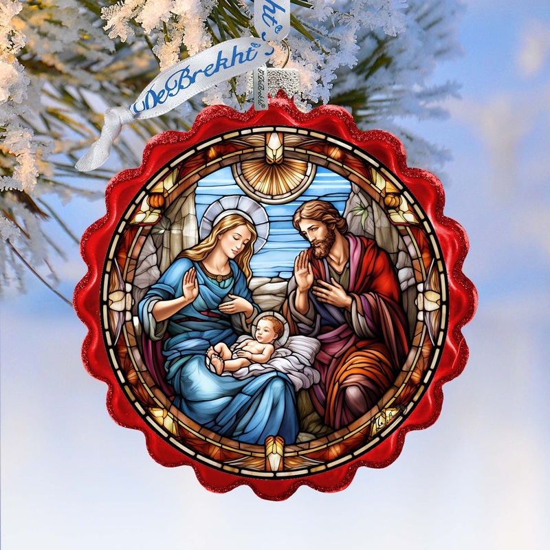Sacred Beauty – Classic Holy Family Nativity Wreath Glass Ornament by G. Debrekht – Nativity Holiday Decor – 759-056