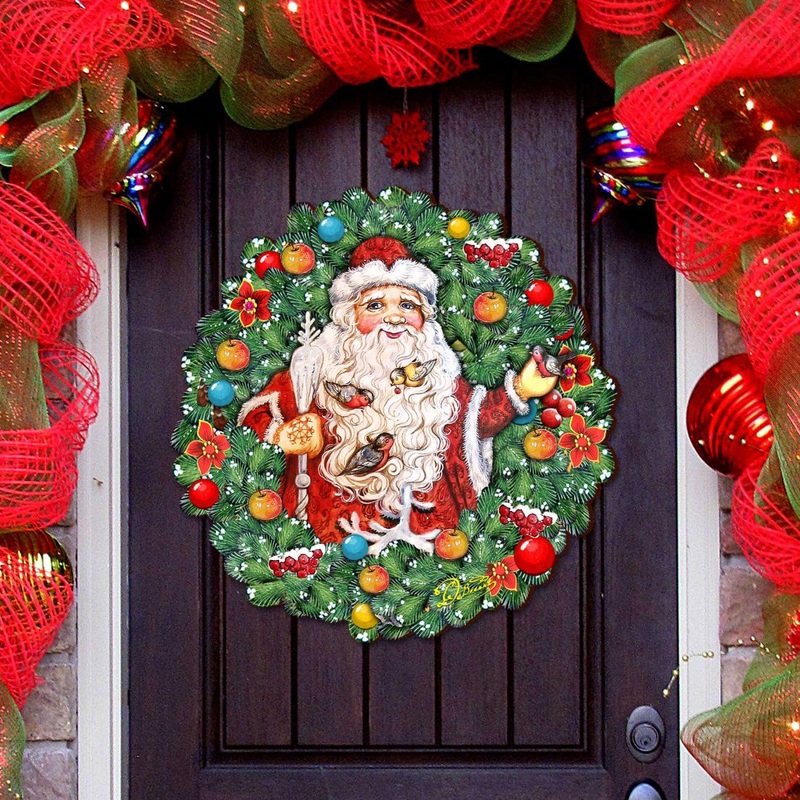 Santa Wreath with Birds Door Decor by G. DeBrekht – Christmas Santa Snowman Decor – 8185320H