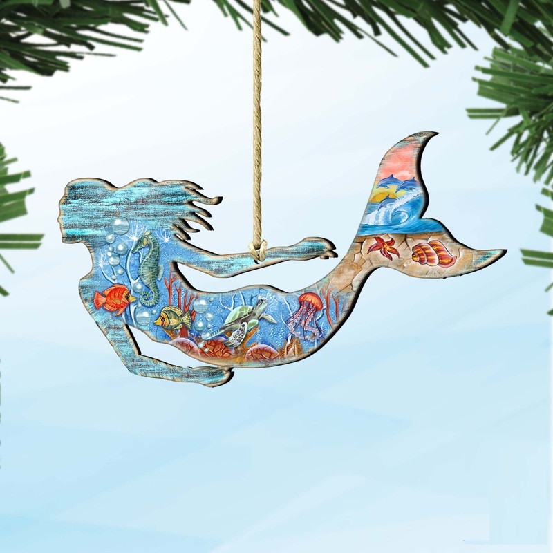 Sea World Mermaid Wooden Ornaments by G. DeBrekht – Coastal Holiday Decor – 81985142