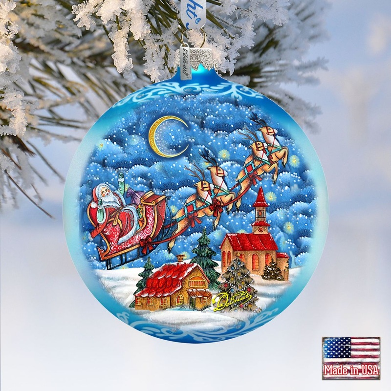 Sleighing in the Night Skies Glass Ornament Limited Edition by G. DeBrekht – Christmas Santa Snowman Decor – 73904