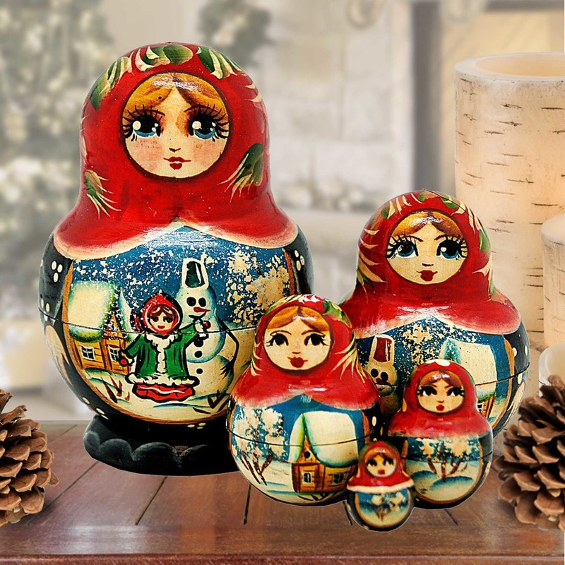 Snowman Matreshka Nesting Hand-Painted Dolls Set of 5 by G. DeBrekht – Christmas Decor – 140072