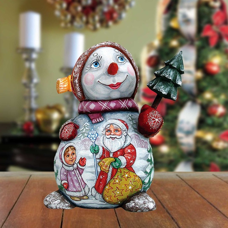 Snowman with Santa Hand-Painted WOODCARVED Masterpiece by G. DeBrekht – Christmas Santa Snowman Decor – 8215892 *** PRE-ORDER – Handmade Just for You! ***