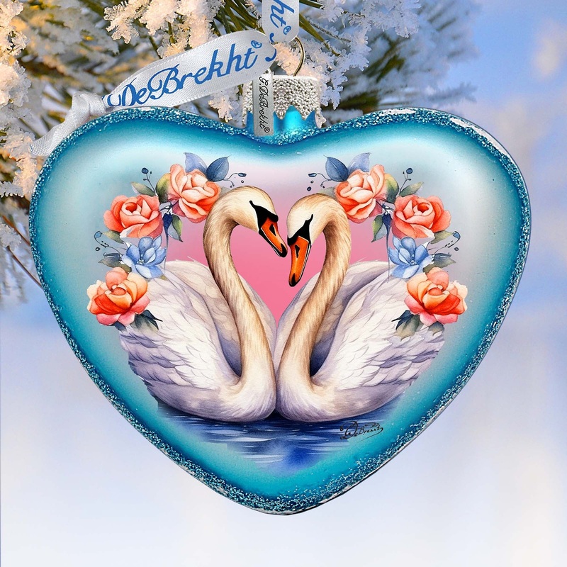 Swan Love Heart Glass Ornament by G. Debrekht – Christmas Decor – 753-012