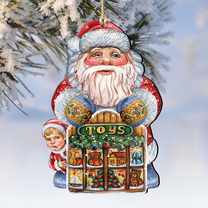 Toy Shop Santa Christmas Wooden Ornaments by G. DeBrekht – Christmas Santa Snowman Decor – 8119172