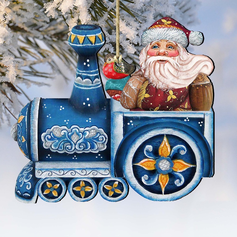 Train Riding Santa Wooden Ornaments by G. DeBrekht – Christmas Santa Snowman Decor – 8129211